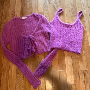Pink Fuzzy Cardigan + Tank Set
